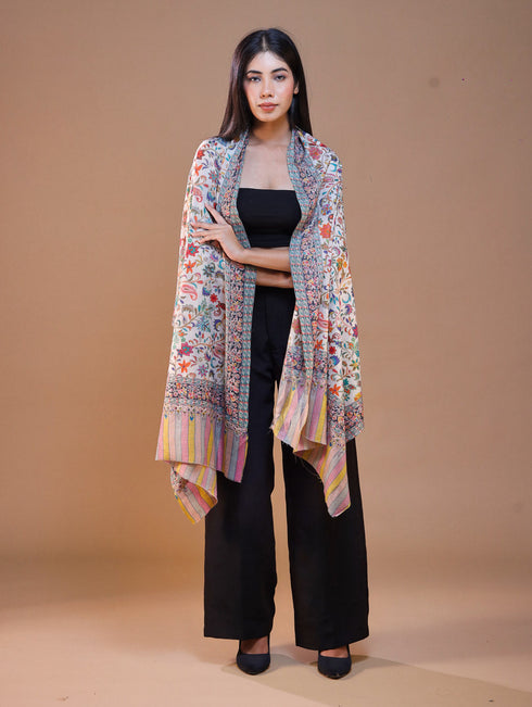 Women's Pure Wool Faux Pashmina Kalamkari Printed Embroidery Stole